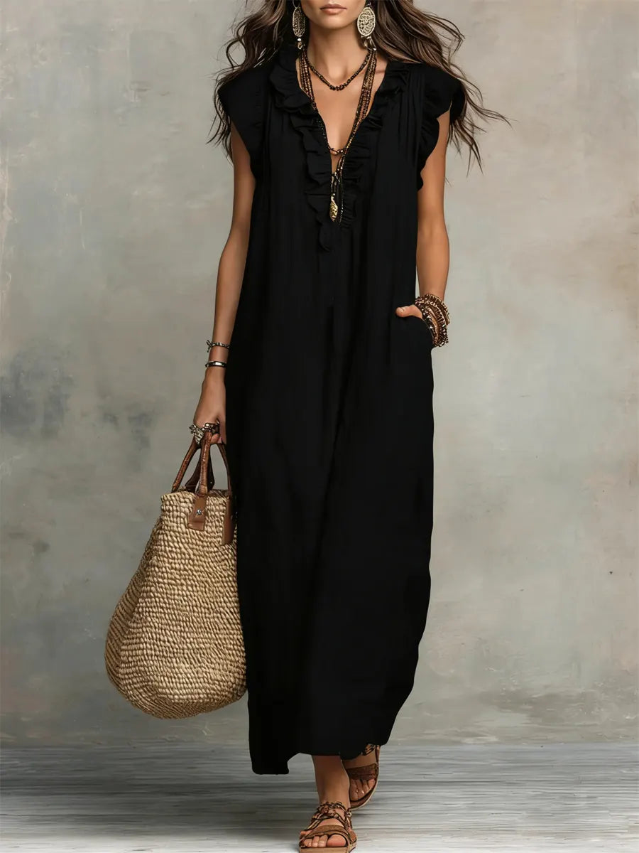 Ruffle-Trim Boho Linen Sleeveless Maxi Dress