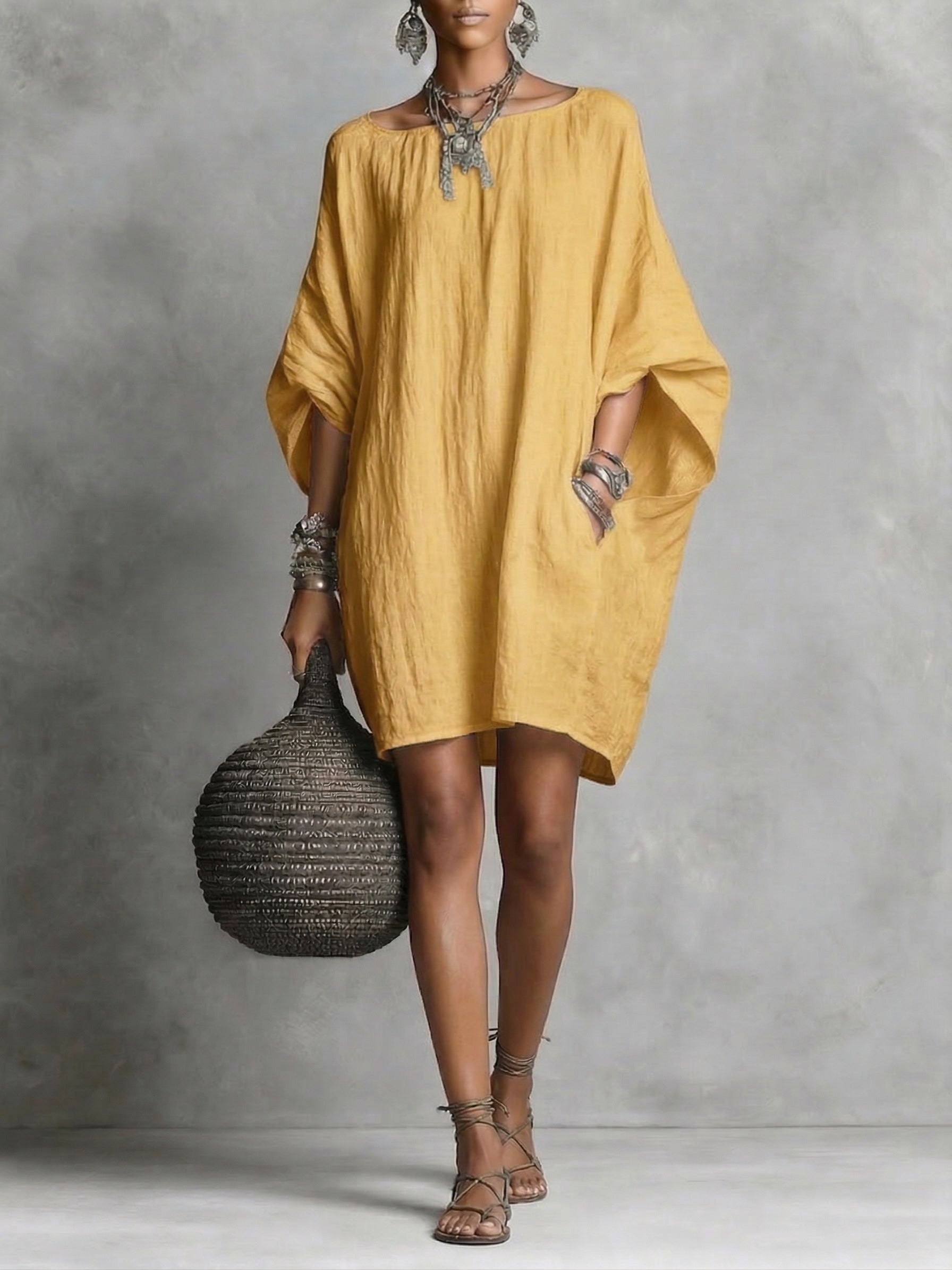 Artistic Solid Batwing-Sleeve Relaxed Dress