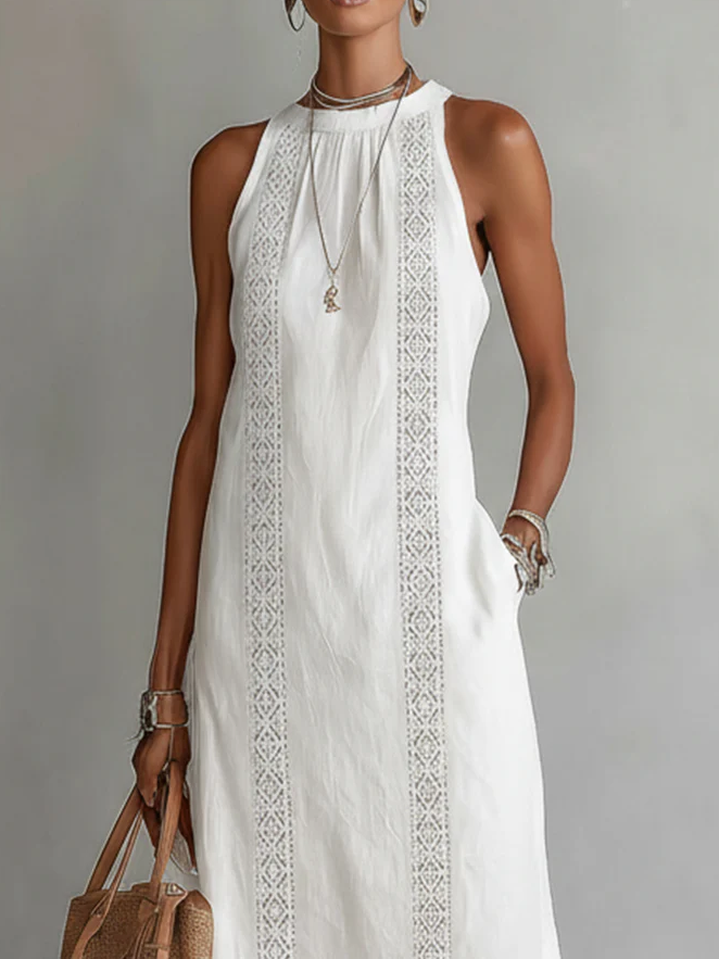 Lace-Trim Boho Halter-Neck Slit Maxi Dress