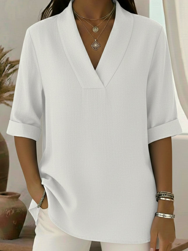 V-Neck Elegant Rolled-Sleeve Chiffon Blouse