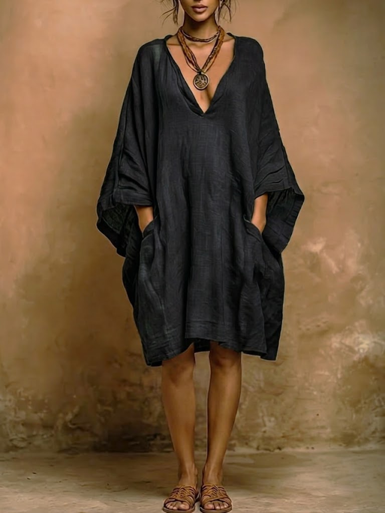 Batwing Sleeve Boho Linen V-Neck Dress
