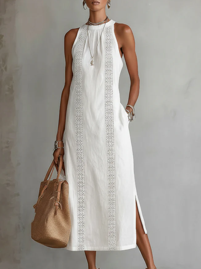 Lace-Trim Boho Halter-Neck Slit Maxi Dress
