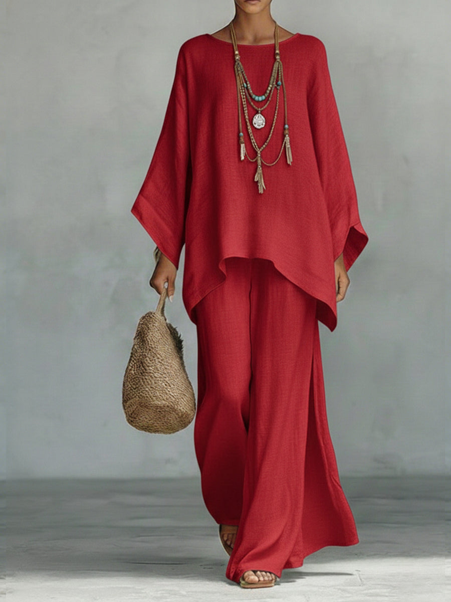 Batwing Linen Boho Wide-Leg 2-Piece Set