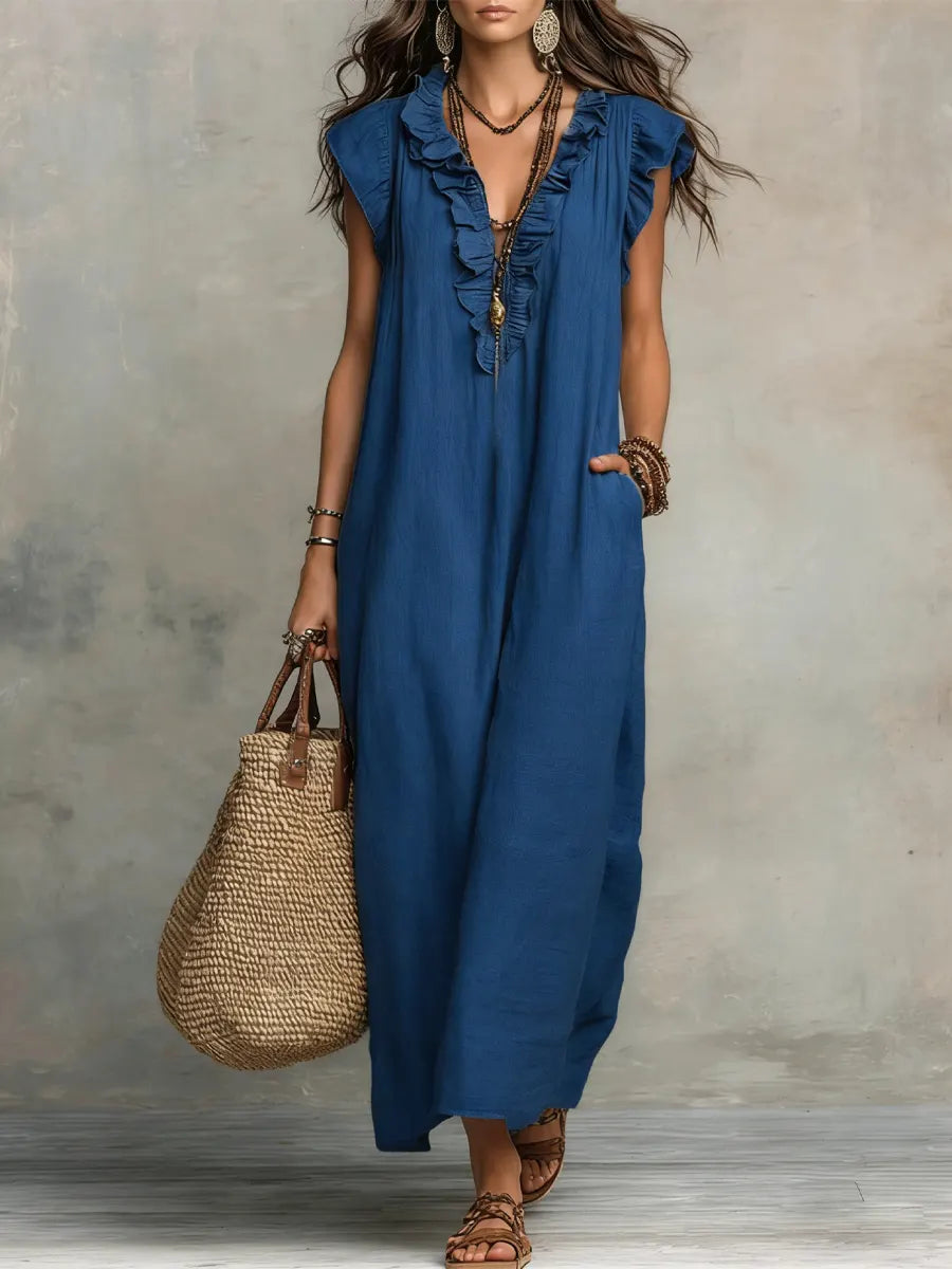 Ruffle-Trim Boho Linen Sleeveless Maxi Dress