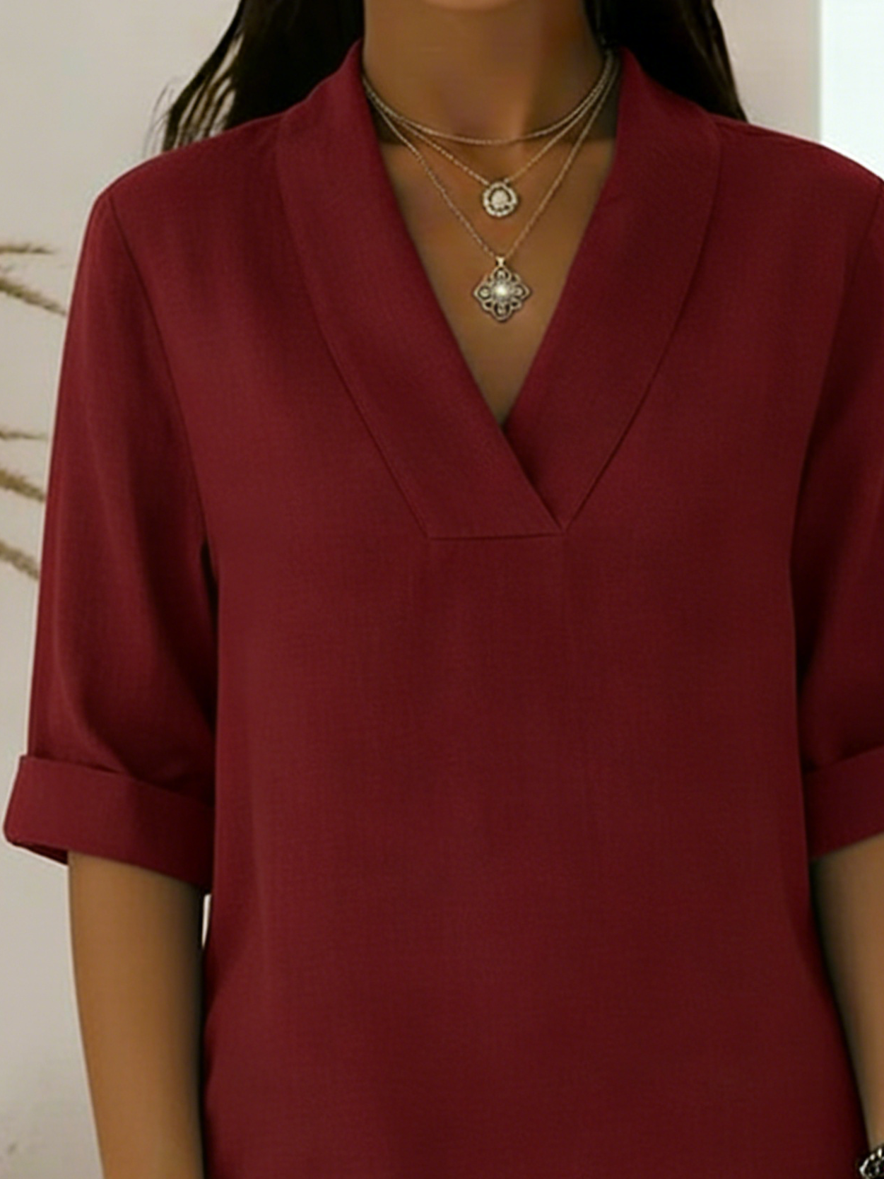 V-Neck Elegant Rolled-Sleeve Chiffon Blouse
