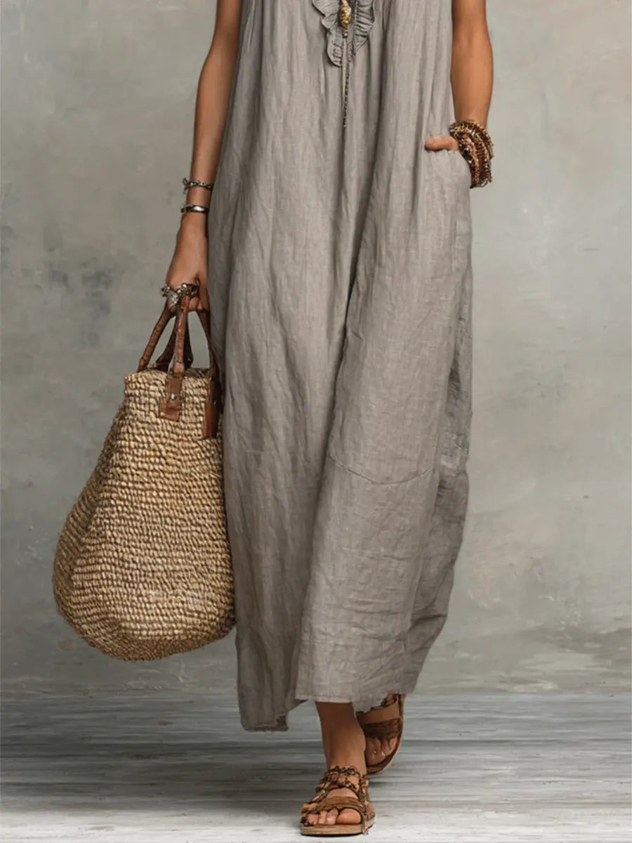 Ruffle-Trim Boho Linen Sleeveless Maxi Dress
